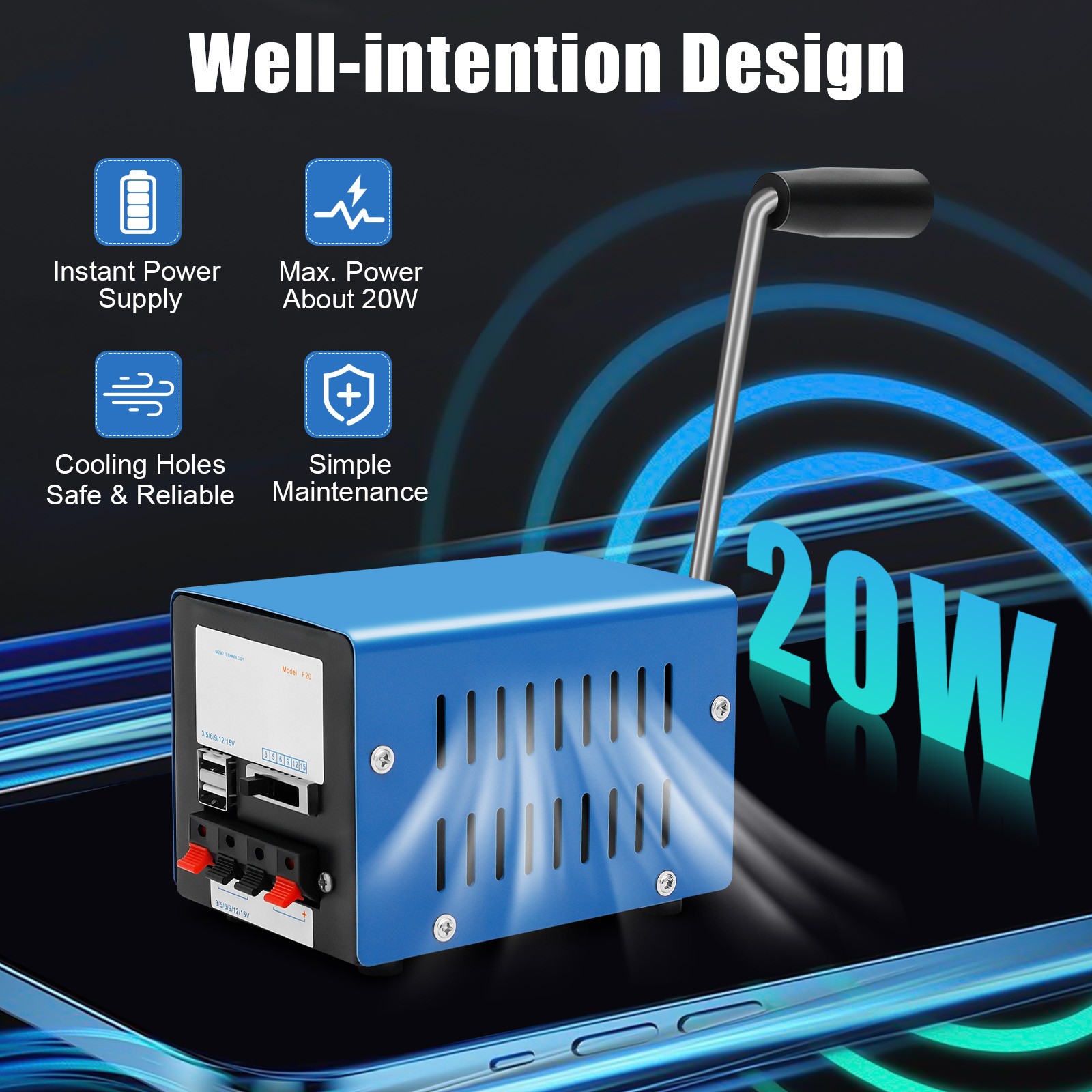 20W Hand Crank Generator Portable USB Charger Manual Power Supply for Camping US