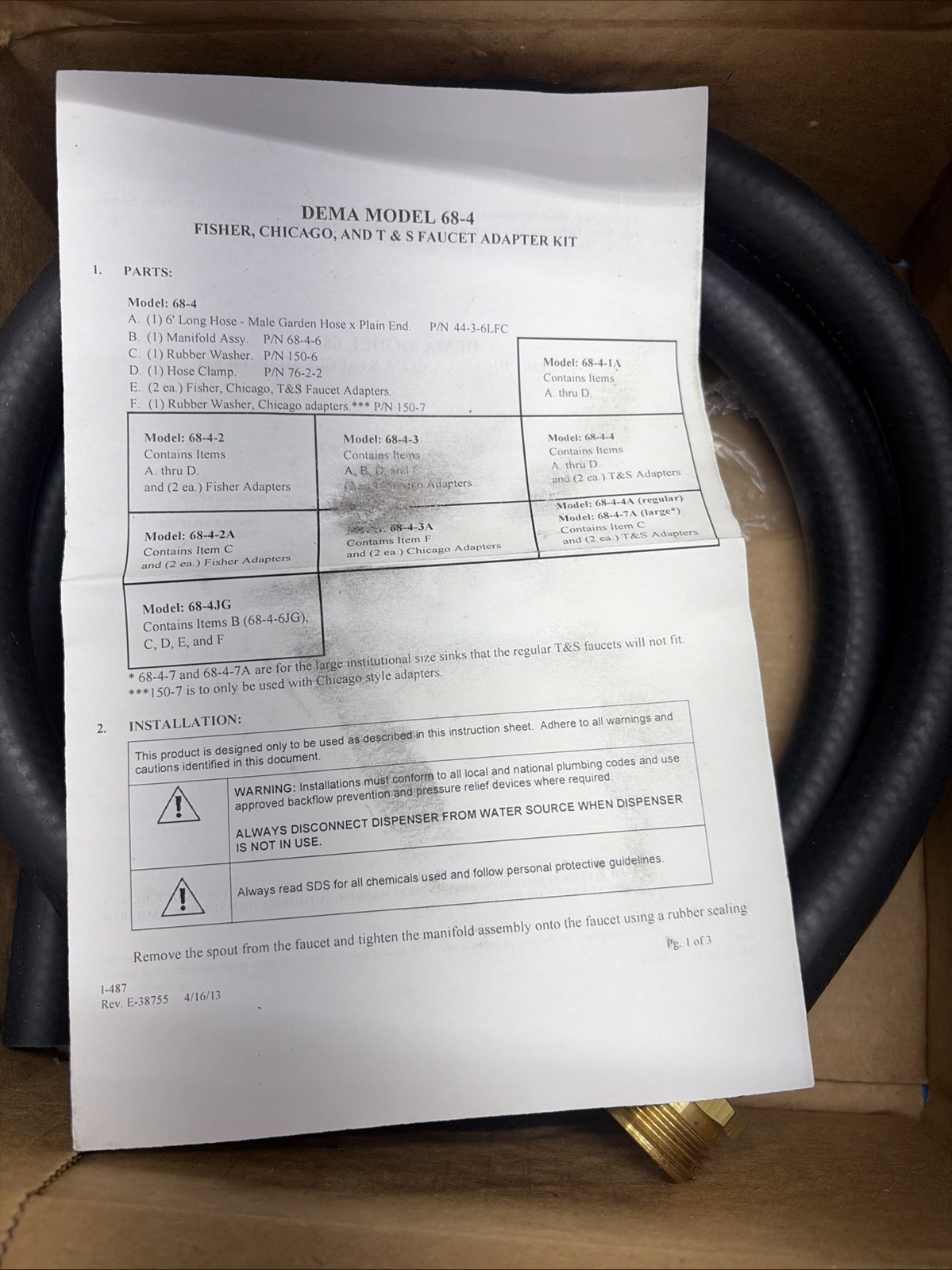 DEMA Engineering 68.4.2 Faucet Adapter Kit For Chemical Dispensing NIB