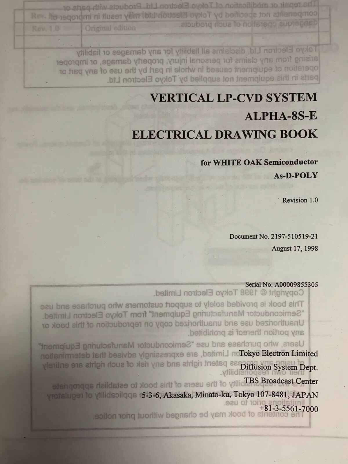 TEL ALPHA-8S-E Vertical LP-CVD As-D-POLY Electrical Drawing Book A00009855305