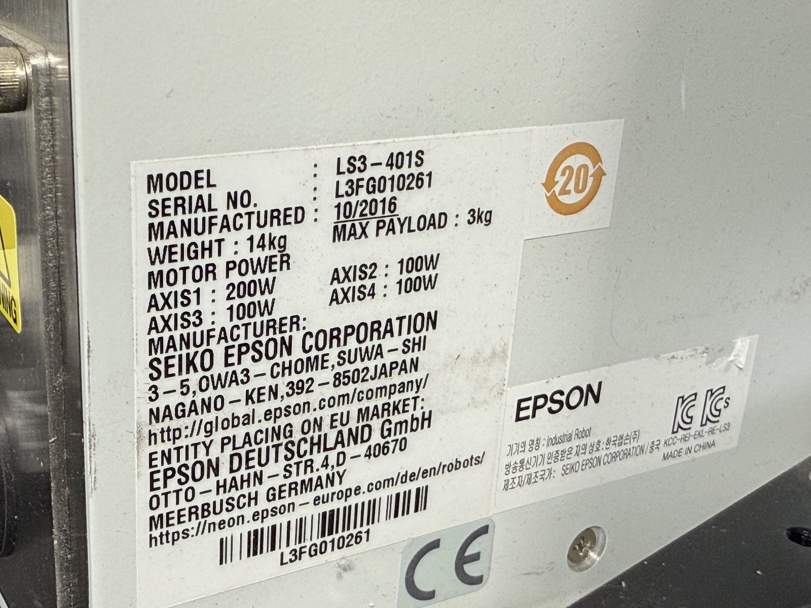 Seiko Epson LS3-401S 4-Axis SCARA Robot w/ RC90 Controller 200–240VAC