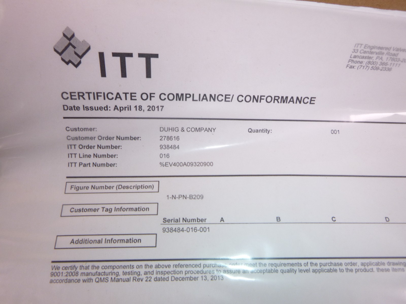 1″ ITT Pneumatic Actuator 90psi B209 Part Number 1-N-PN-B209