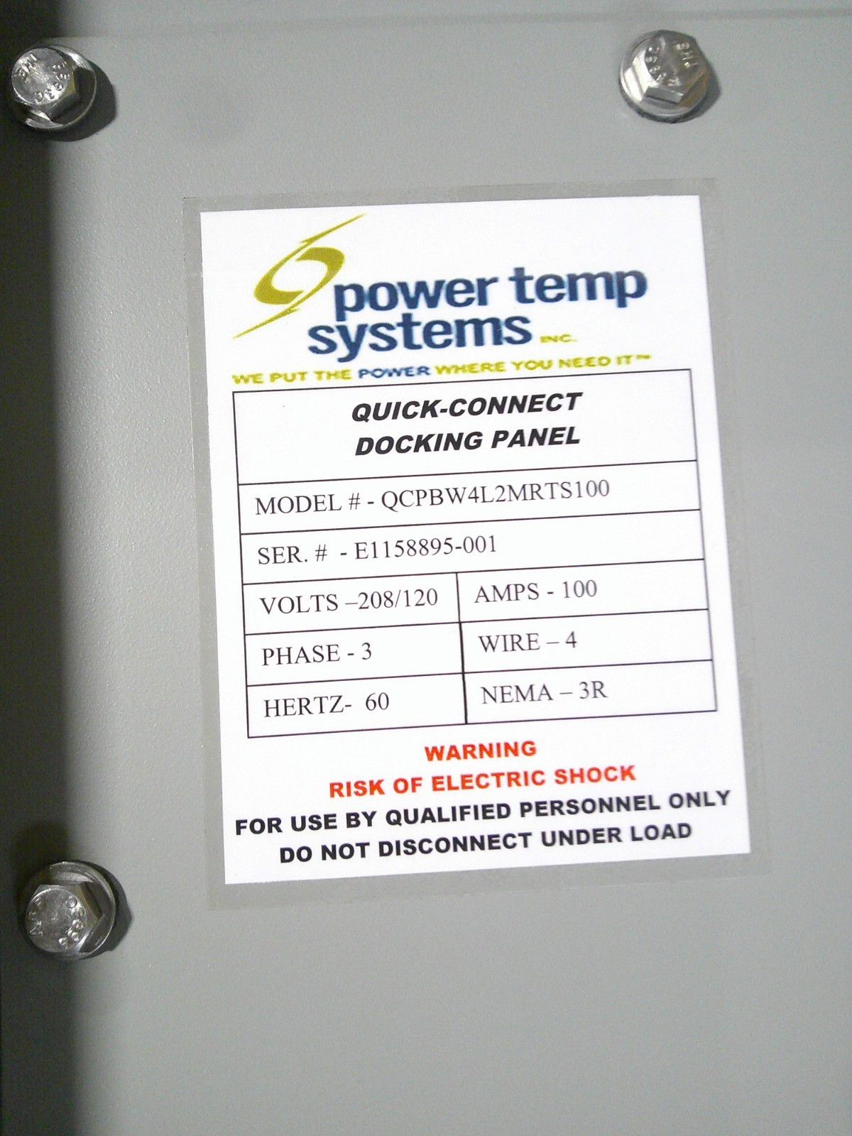 NEW power temp systems Generator Quick Connect Docking Panel QCPBW4L2MRTS100
