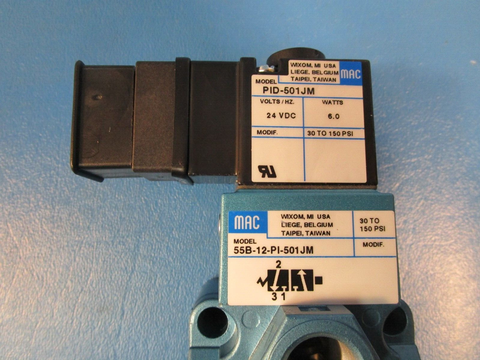 MAC 55B-12-PI-501JM SOLENOID VALVE; 55 SERIES; 3-WAY; INLINE; 3/8 INCH NPTF