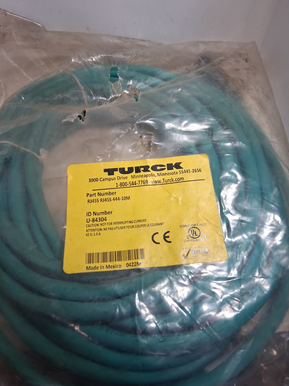 TURCK RJ45S RJ45S 444-10M U-84304 ETHERNET CABLE DOUBLE ENDED STRAIGHT MALE NIB