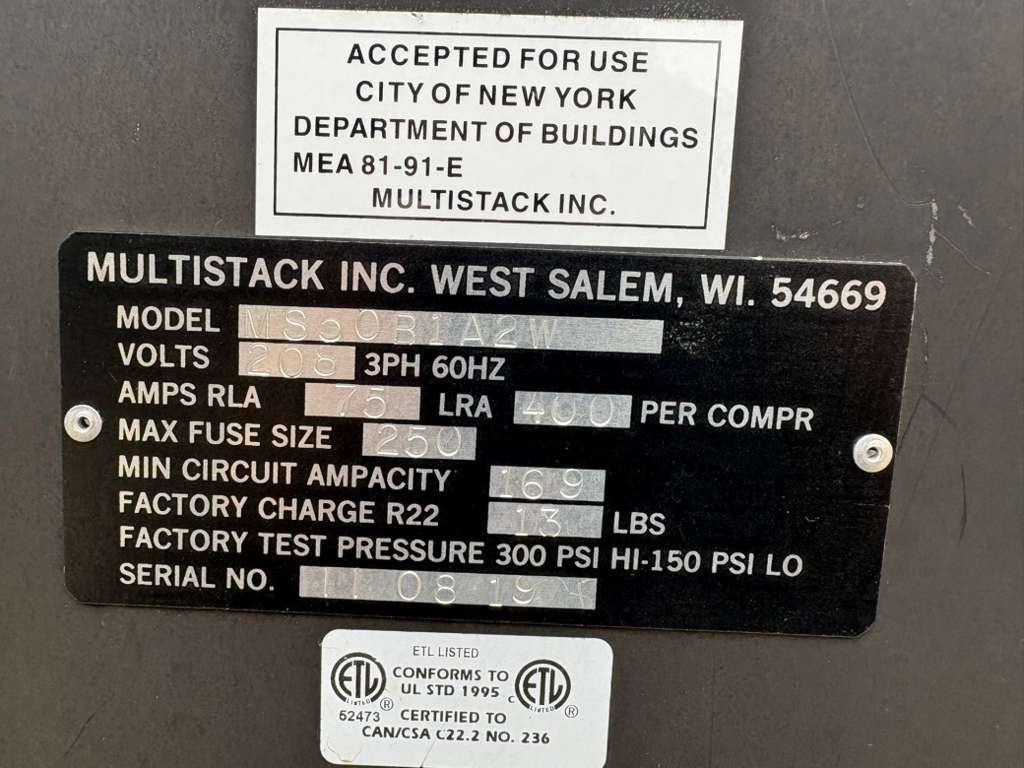 Multistack Water Cooled Chiller Model MS50B11A2W S/N: 11 08 19 w/ SWEP B45X60
