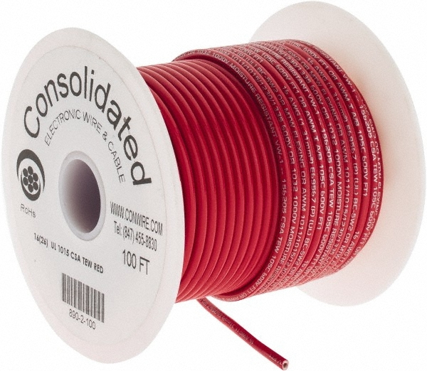Made in USA 16 AWG, 26 Strand, 100′ OAL, Tinned Copper Hook Up Wire Red PVC J…