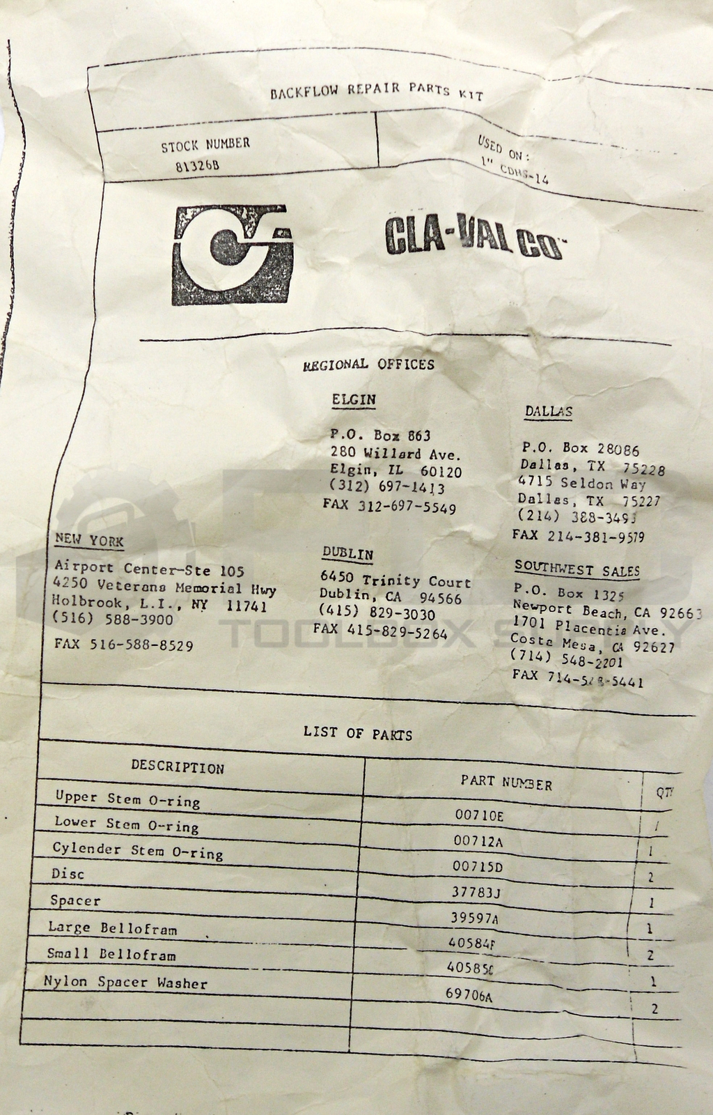 NEW CLA-VAL 81326B 1″ CDHS-14 BACKFLOW REPAIR PARTS KIT