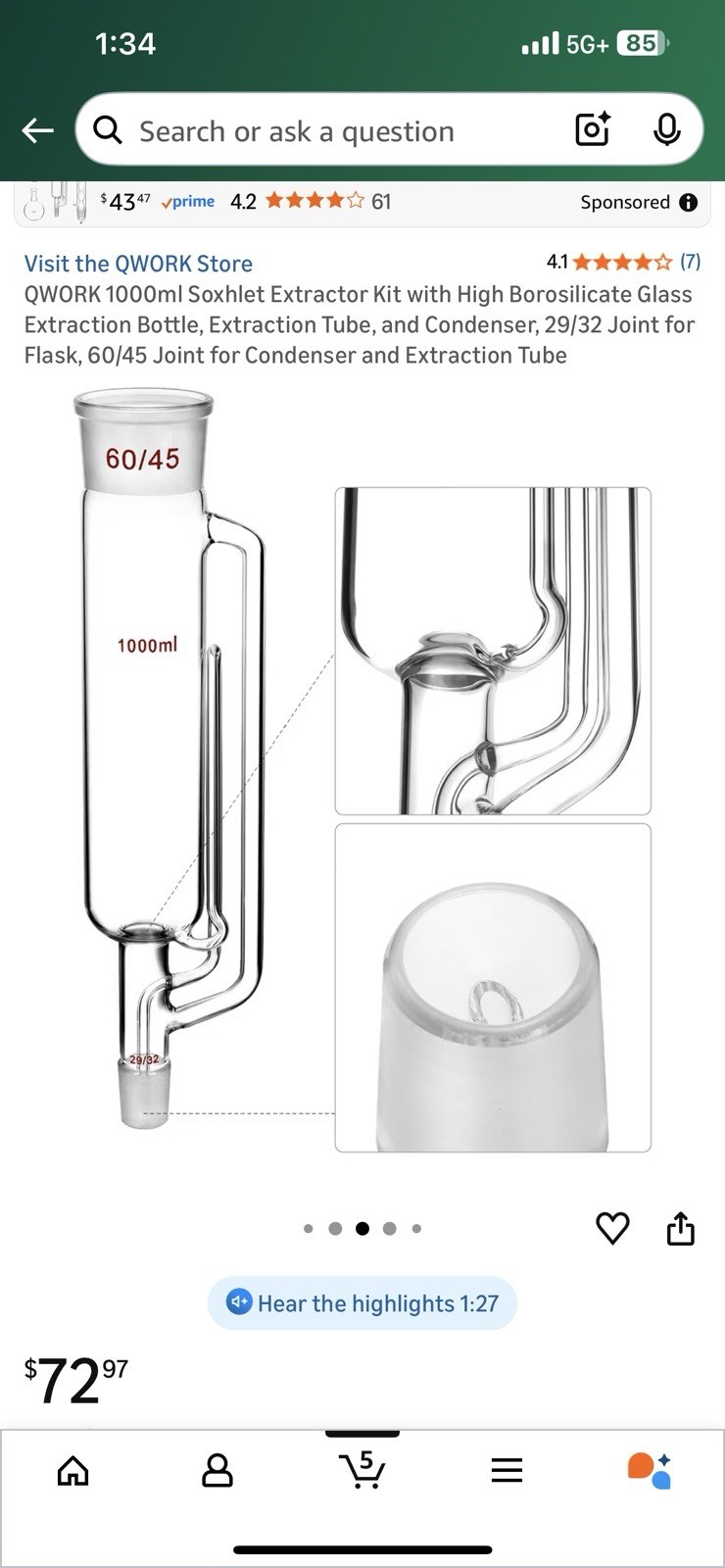 1000ml Soxhlet Extractor Kit w/ Bottle, Tube & Condenser (29/32, 60/45)