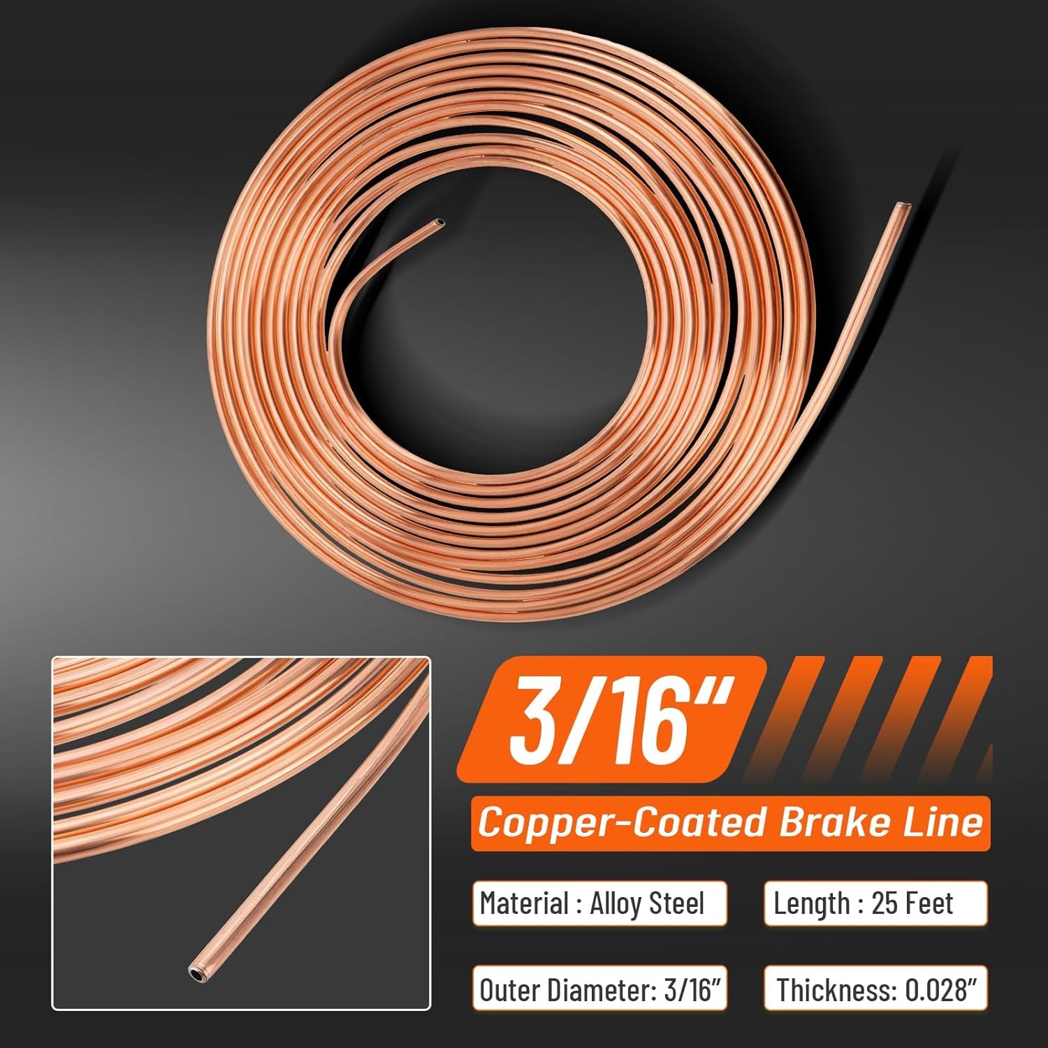 25Ft 3/16″ Copper-Coated Brake Line Kit and 16 Fittings, 2 Union and 4 Nut USA