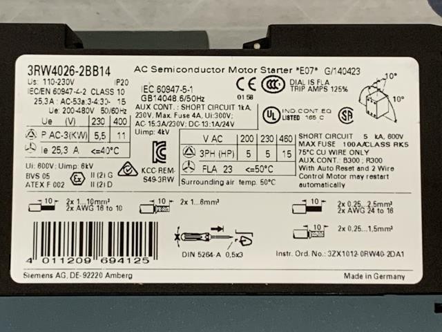 Siemens SIRIUS Soft Starter – 3RW4026-2BB14 w/Warranty