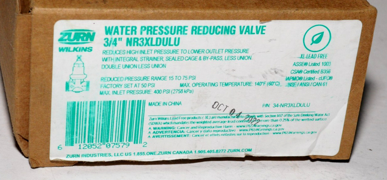 ZURN WATER PRESSURE REDUCING VALVE-3/4 INCH-# NR3XLDULU-NEW-WITH INSTRUCTIONS