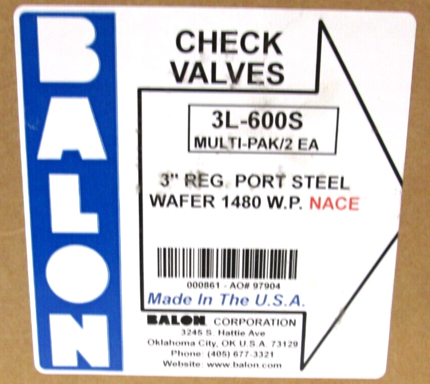 BALON WAFER CHECK, 3L-600S, 3″ 600 REG PORT STEEL, 1480 WP, LOT OF 2 ,SURPLUS