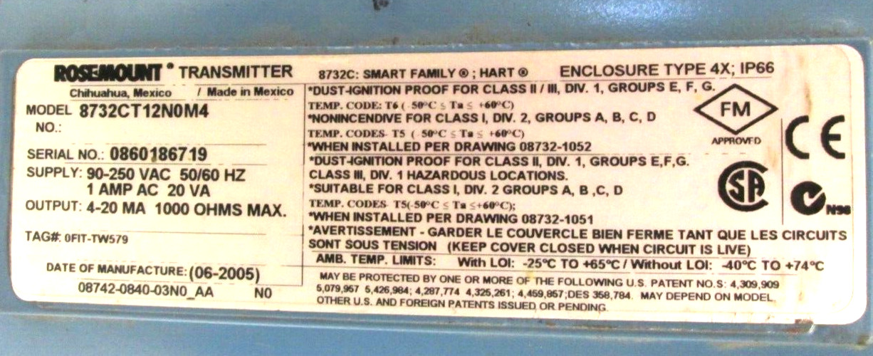 ROSEMOUNT, 8705FHE030S1G2W0N0B3Q4, 8732CT12N0M4, 3″ 150, MAGNETIC FLOWTUBE, USED