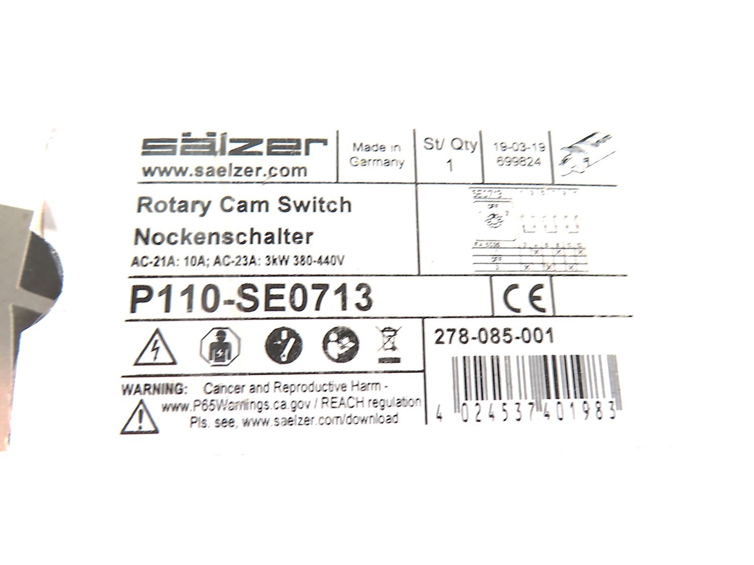 Salzer P110-SE0713 3-Position 1/Off/2 Rotary Cam Switch 10A 3kW 380-440V NEW