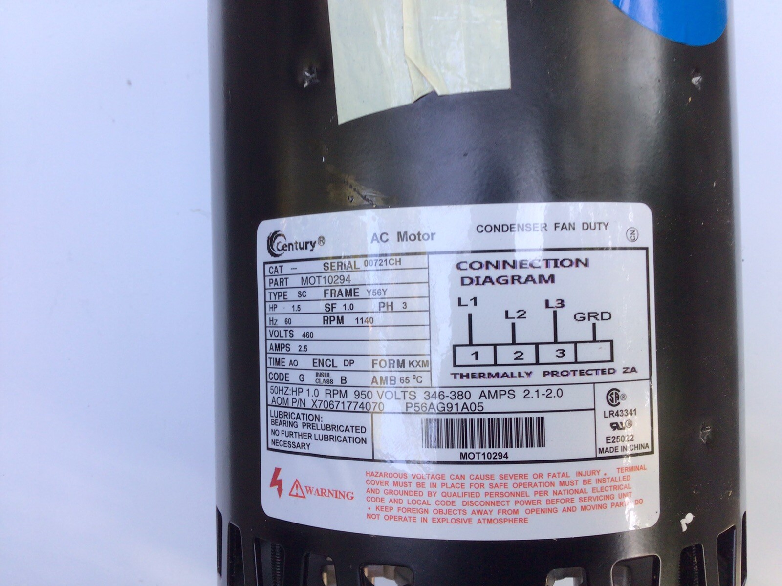 TRANE MOT10294 Motor,1.5 HP,460V,1140 rpm,3 Phase