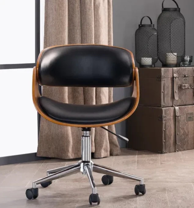 Mid-century Modern Office Chair Adjustable Black Upholstered Swivel Wood Metal