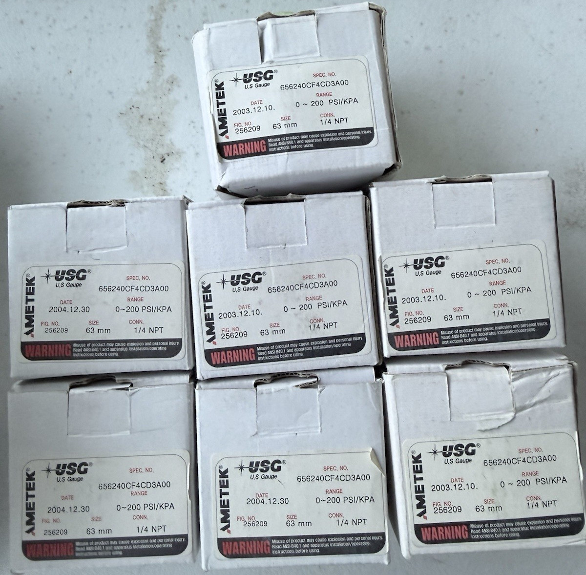 LOT OF 7, AMETEK USG GAUGE 256209, 0-200 PSI/KPA, 1/4″ NPT SST, 656240CF4CD3A00