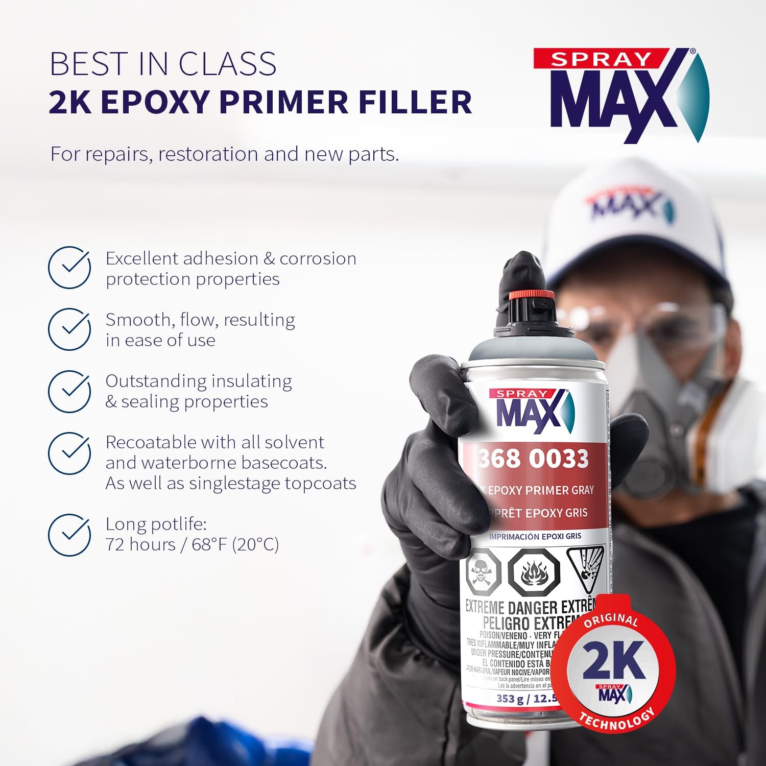 SprayMax 2K Epoxy Primer Gray 12.5oz, Fast-Drying Corrosion-Resistant Automotive
