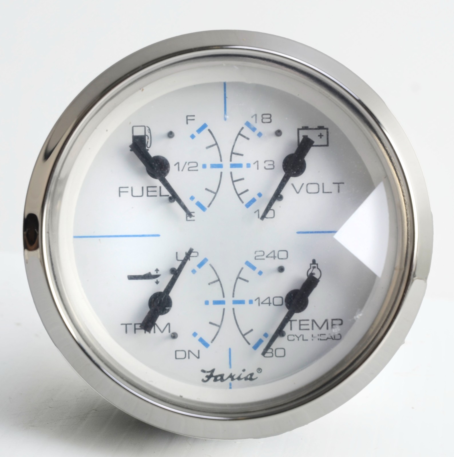 Faria Multifunction 4-in-1 Chesapeake SS White 3-1/4″ Gauge Volt Fuel Trim Temp