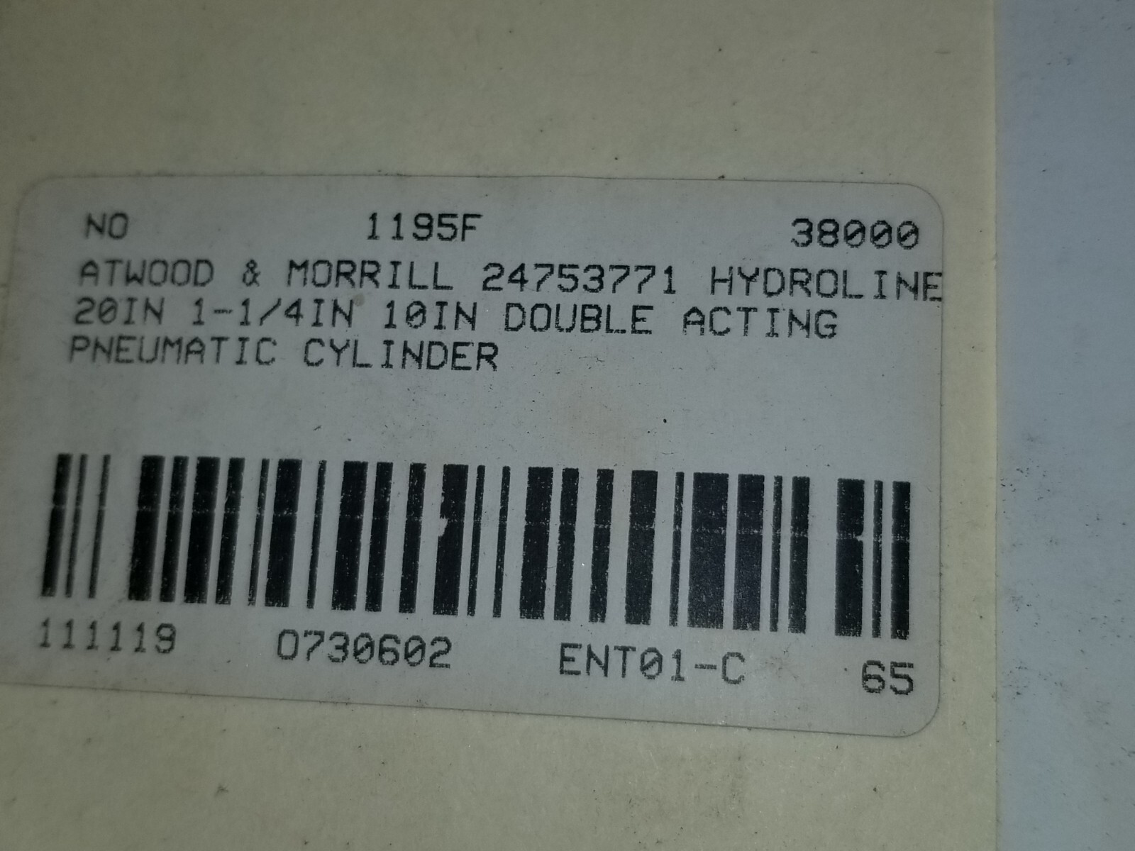 Atwood & Morrill 24753771 Hydroline 20in. 1-1/4in. 10in. Double Acting Pneu. Cyl
