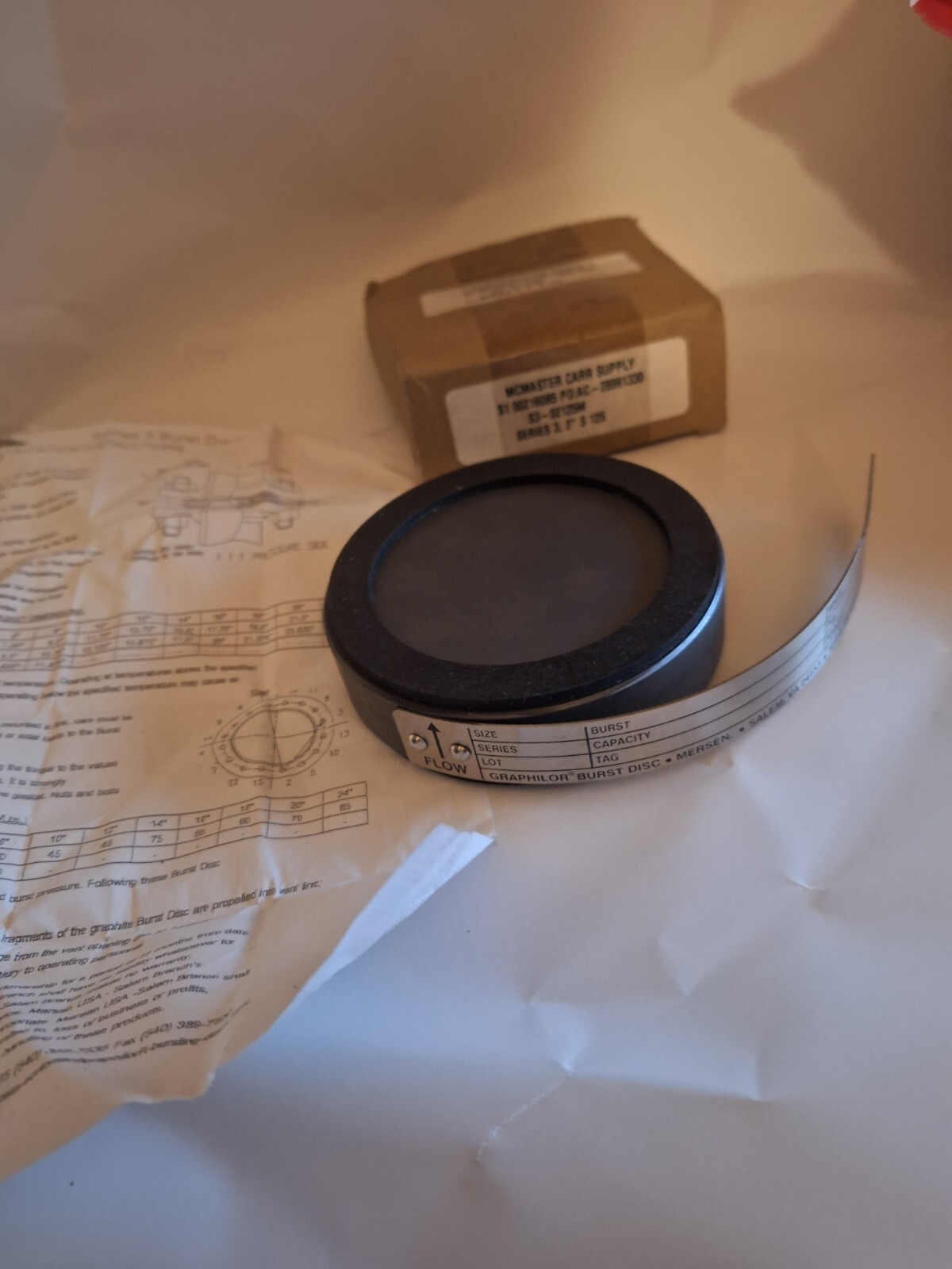 NEW MCMASTER CARR S3-02125M SER. 3, 2″ S 125 PSIG 25 FT LBS GRAPHILOR BURST DISC