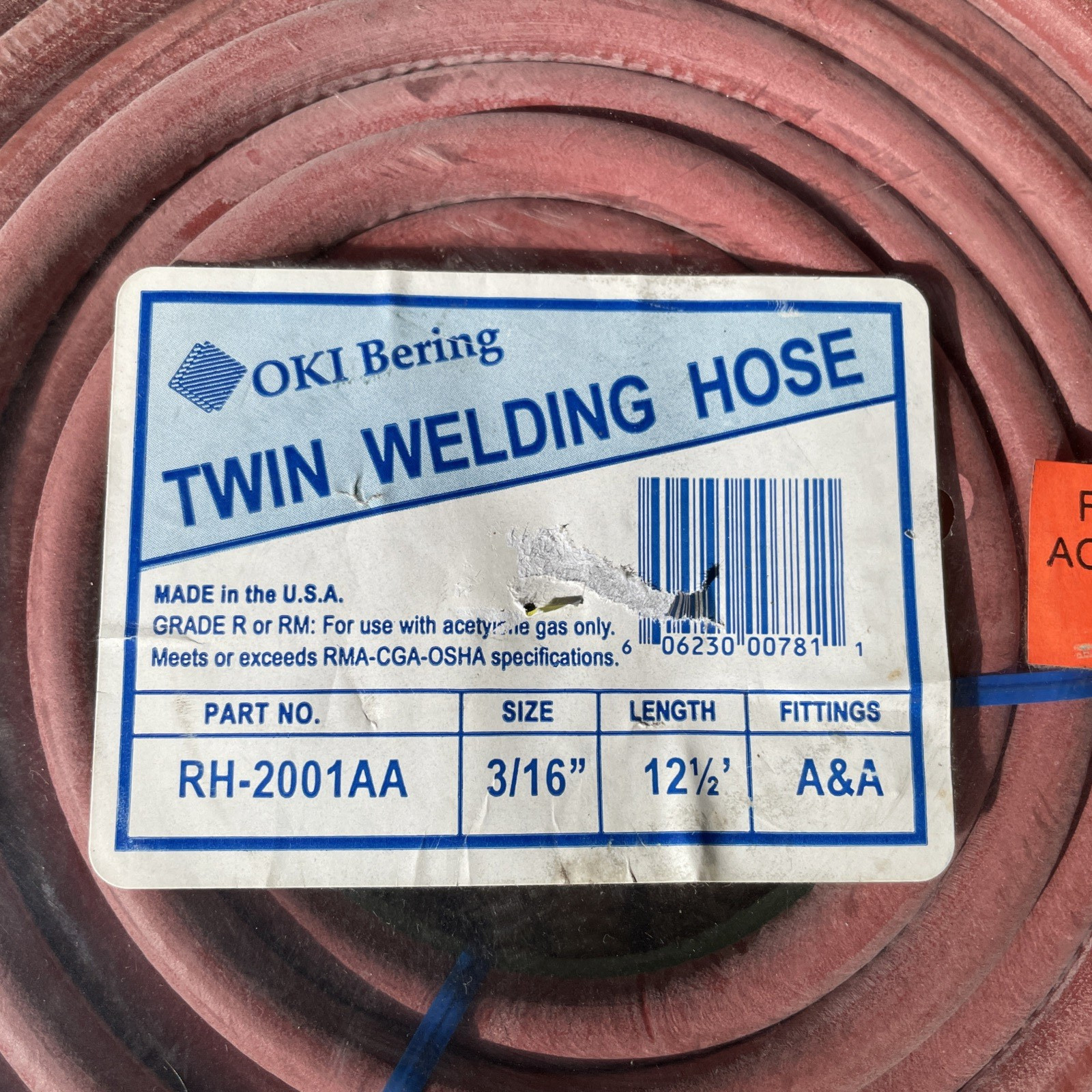 Lot 2 OKI Bering Twin Welding Acetylene Hose 12.5’ 3/16” RH2001AA Red Green Hose
