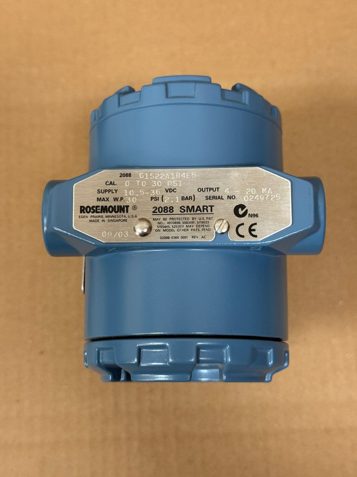 Rosemount / Pressure Transmitter / 2088G1S22A1B4E5 / WP 30 PSI / CAL 0-30 PSI