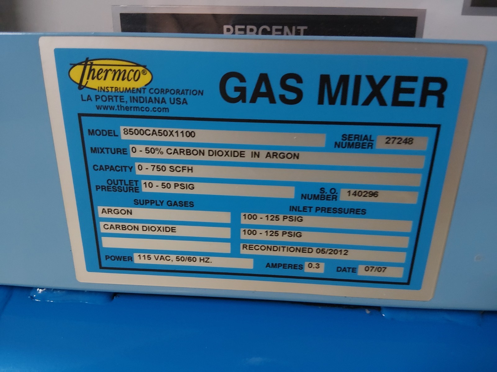Thermco Gas Mixer 8500CA50X1100 Ar/CO2 0-50% 750CFH Weld Gas Mix Mild Steel