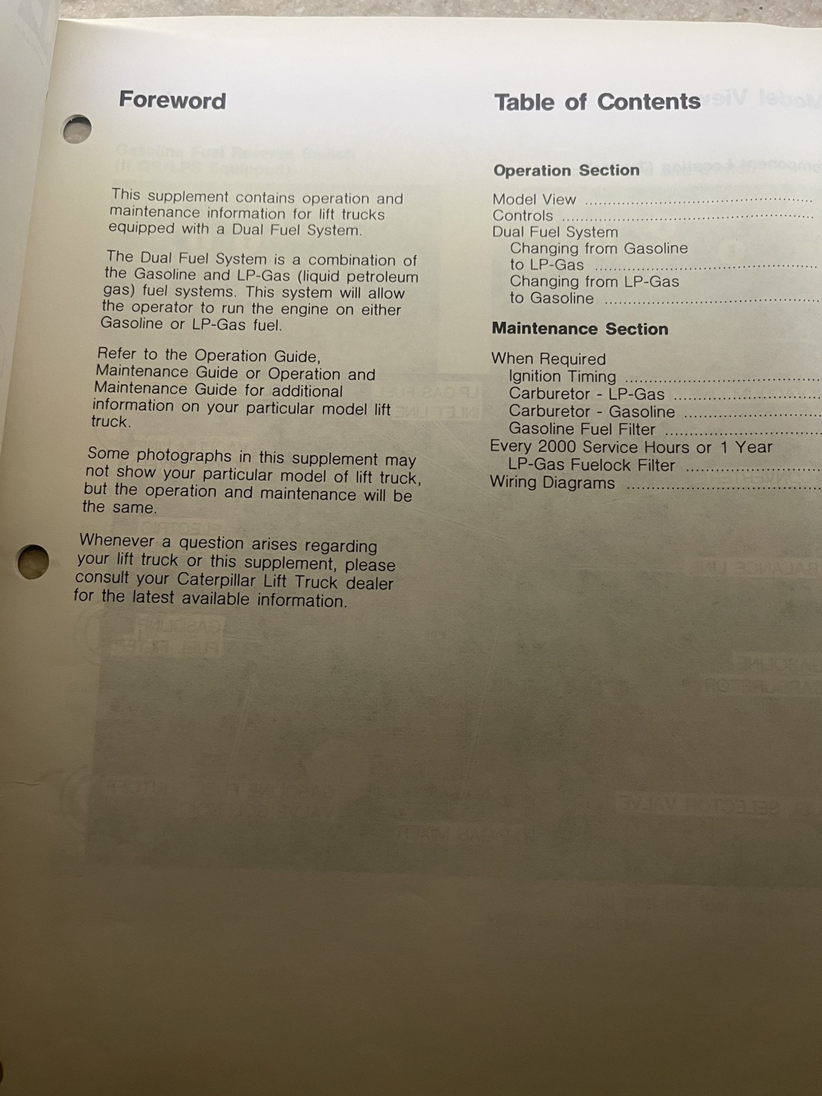 Caterpillar operation and Maintenance Supplement for Lift Trucks Dual Fuel Syst