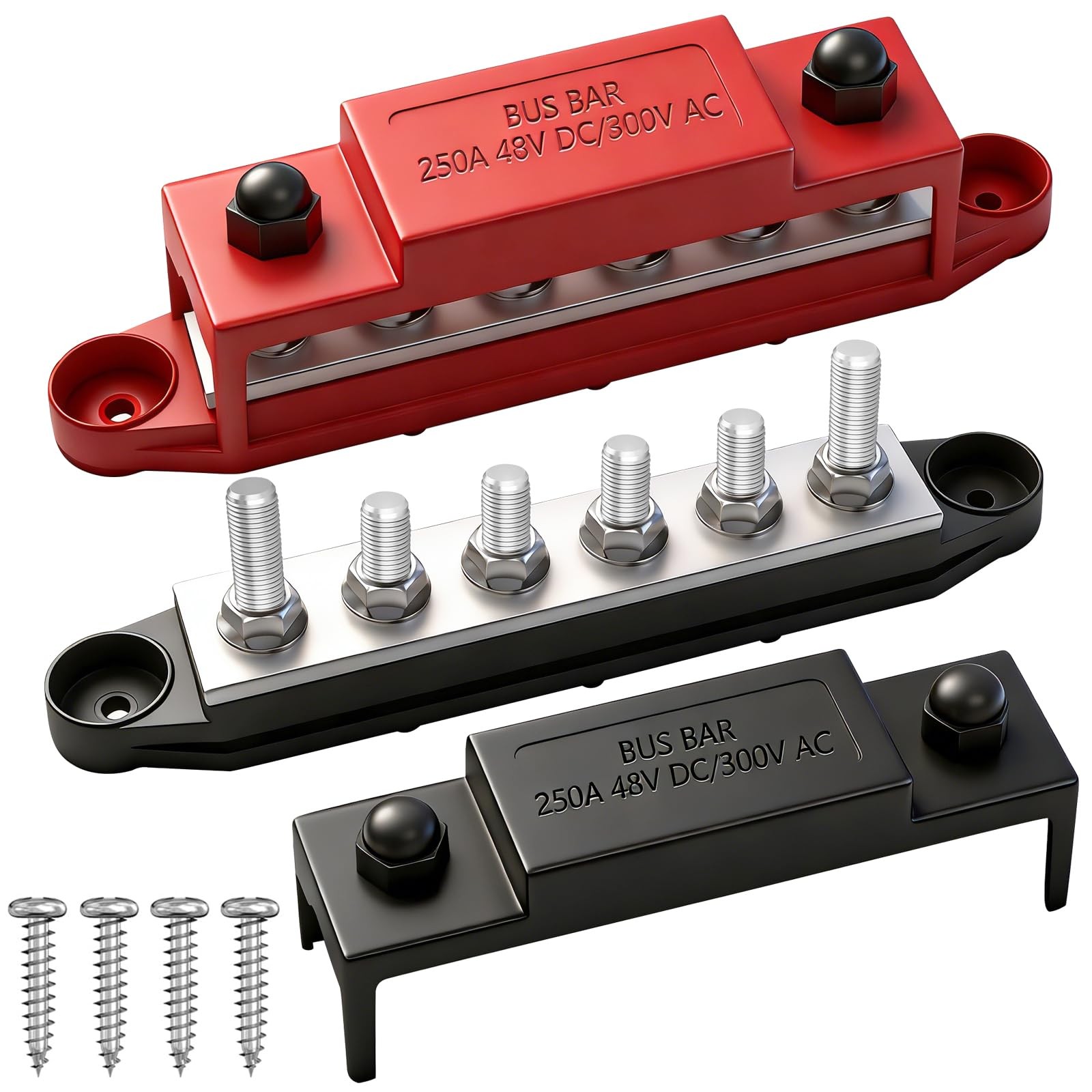 Aienxn 250A 12V Bus Bar Marine, 1/4″ Power 6×1/4″(M6) Studs, Black & Red