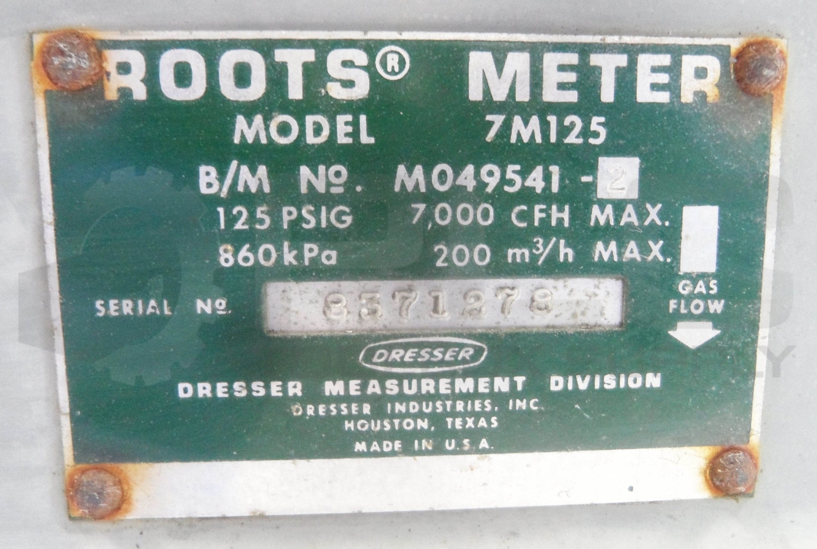 DRESSER ROOTS 7M125 ROTARY GAS METER M049541-2 125PSIG 860KPA 7000CFH 200M^3/H