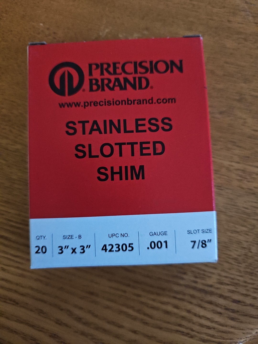 Free Ship 1 Box Of 20 Precision Brand 42305 Stainless Slotted Shim 3×3″ .001 7/8