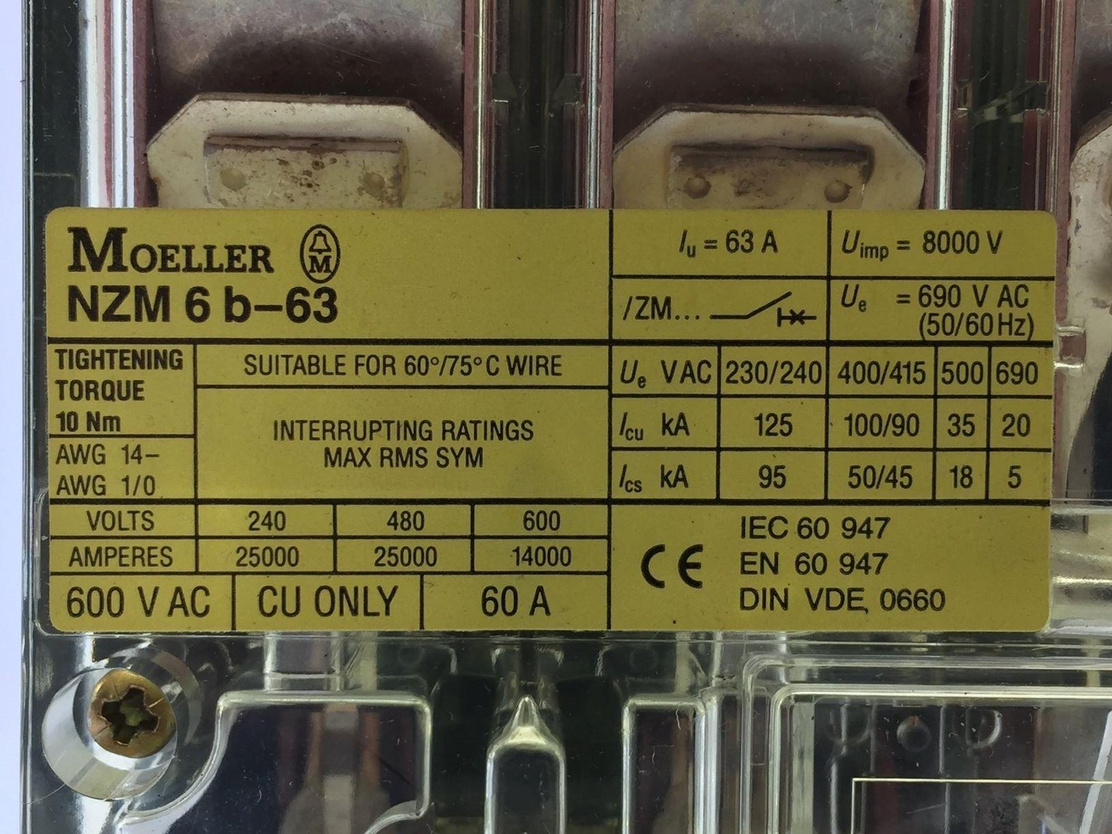 MOELLER NZM6B-63/ZM6A-40-NA CIRCUIT BREAKER 63A WITH THERMAL MAGNETIC TRIP TESTE