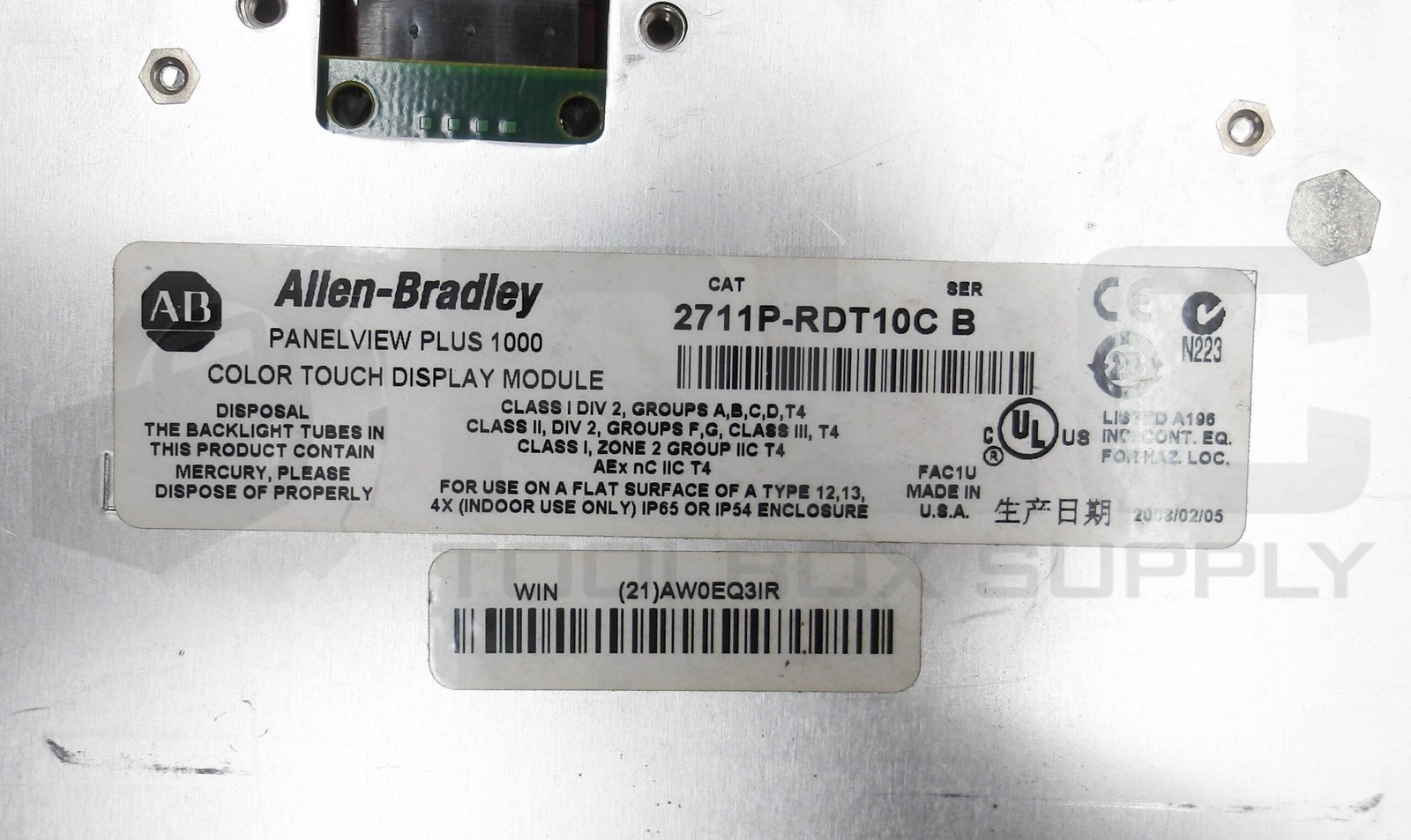 ALLEN BRADLEY 2711P-RDT10C /B PANELVIEW PLUS 100 COLOR TOUCH DISPLAY MODULE