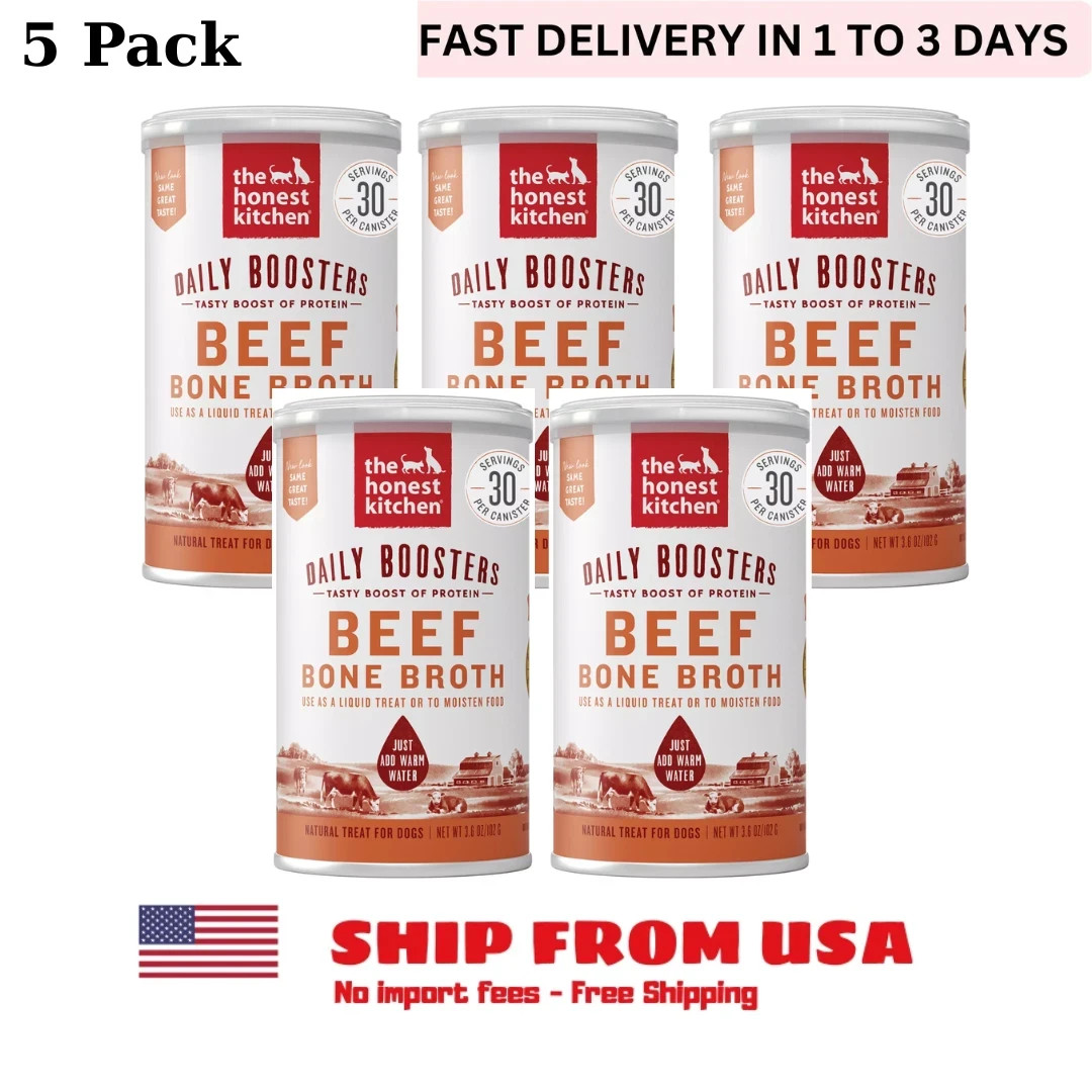 5 Pack The Honest Kitchen Instant Boosters Beef Bone Broth For Dogs 3.6Oz jar