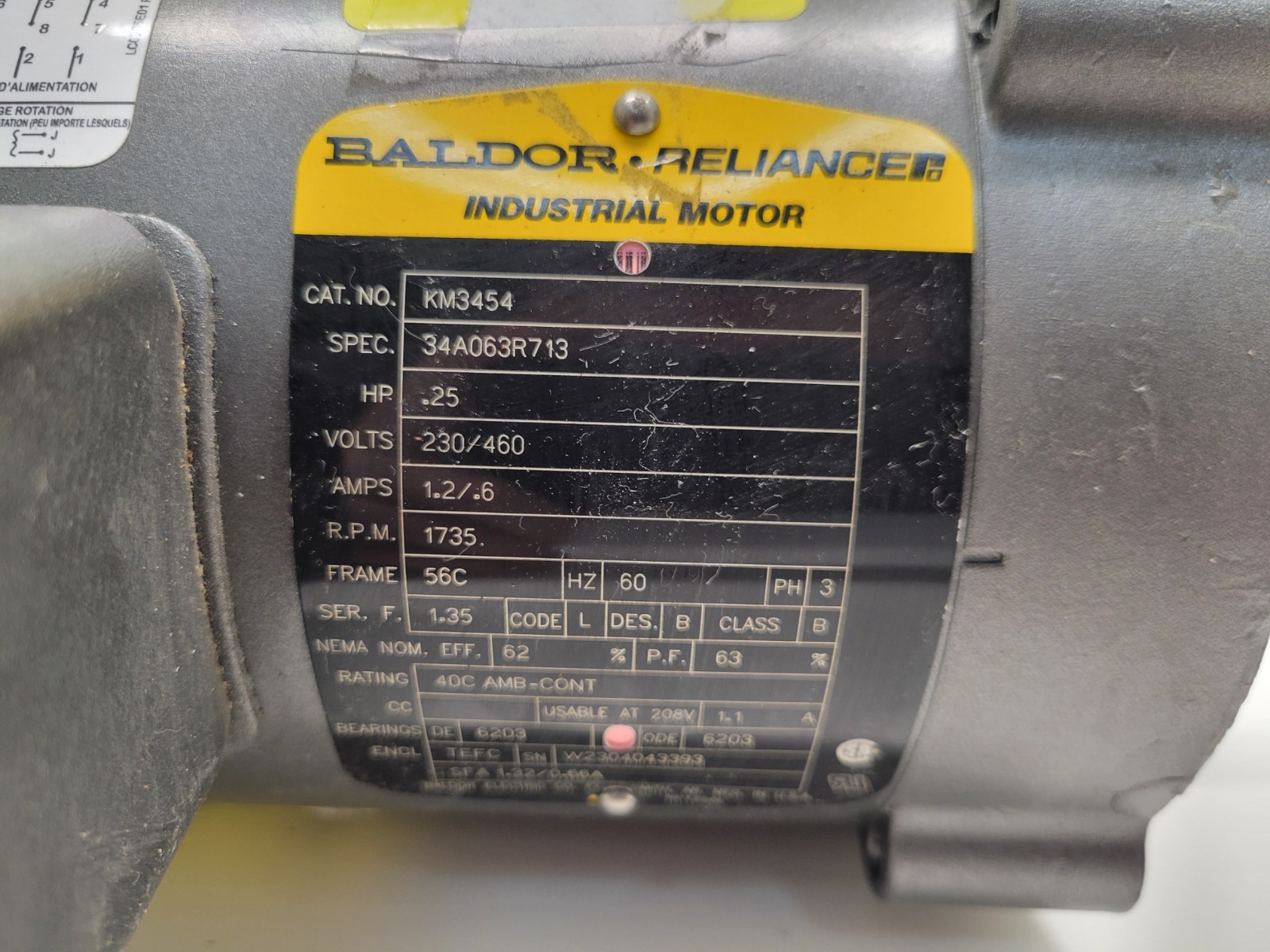 NEW OLD STOCK! BALDOR RELIANCE .25HP 1735RPM 230/460V MOTOR KM3454