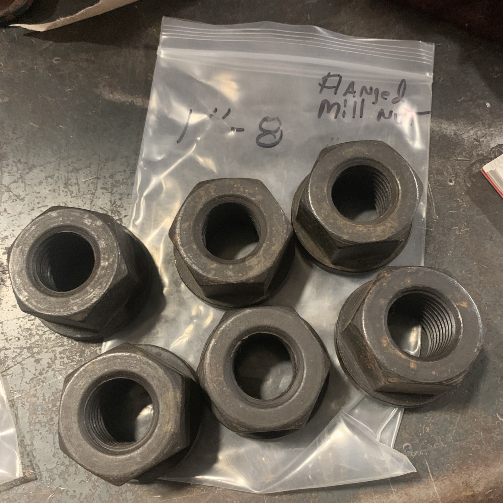 Flanged Mill Nut Assortment Lot. 3/8,7-16,1/2,3/4,7/8 & 1”