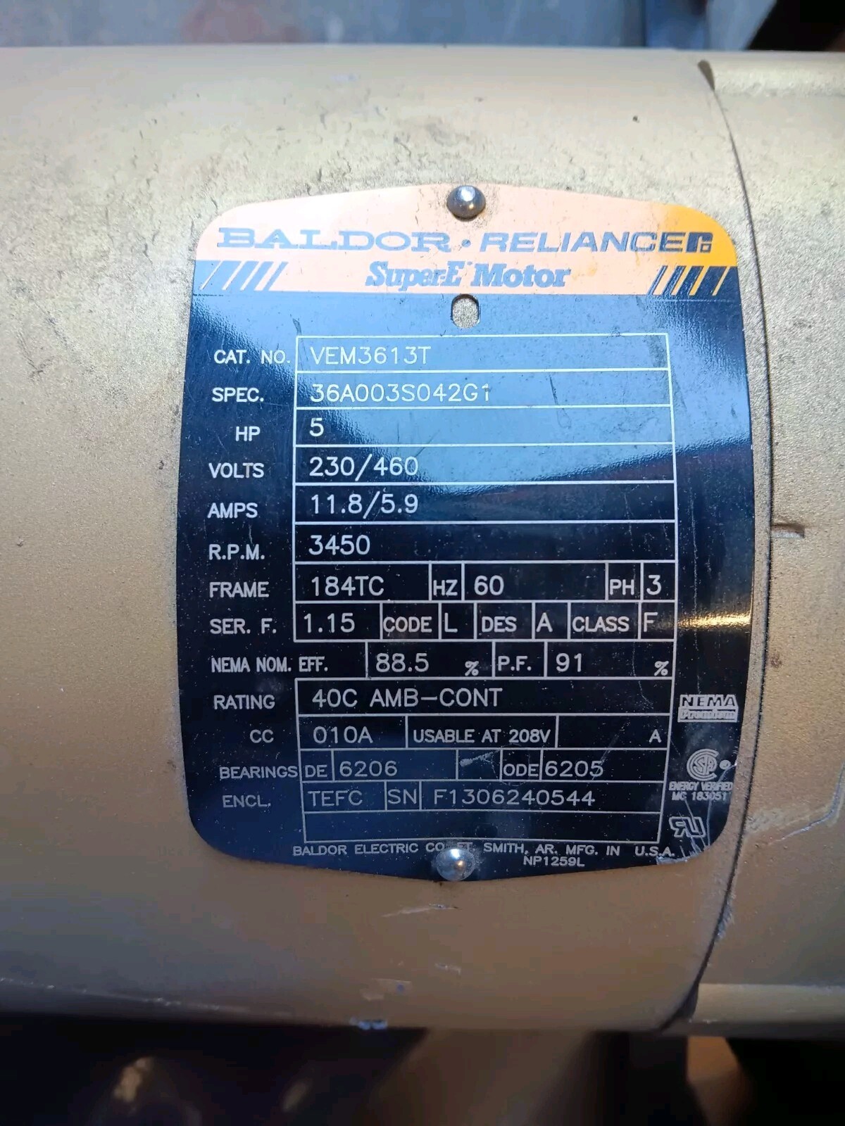 Baldor VEM3613T 36A003S042G1, 230/460V, 11.8/5.9A NSNP, 3-PH with Blower Blade