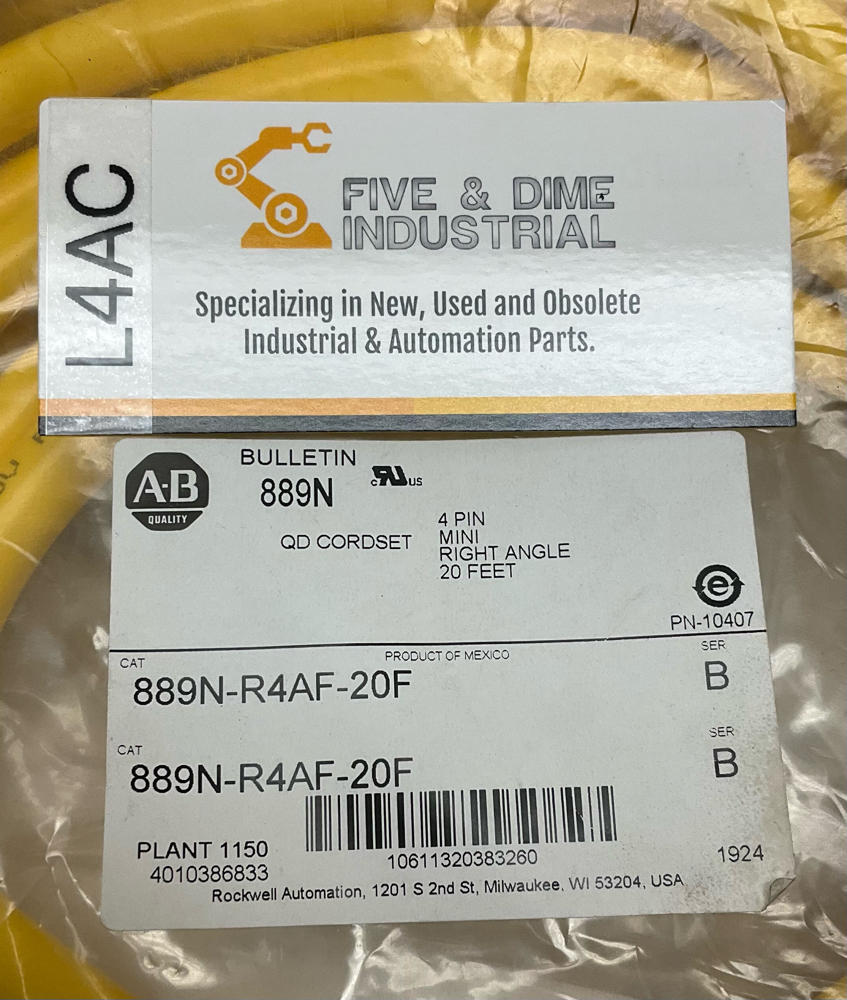 Allen Bradley 889N-R4AF-20F Female 90° 4-Pin Mini Single End 20 Ft. Cable