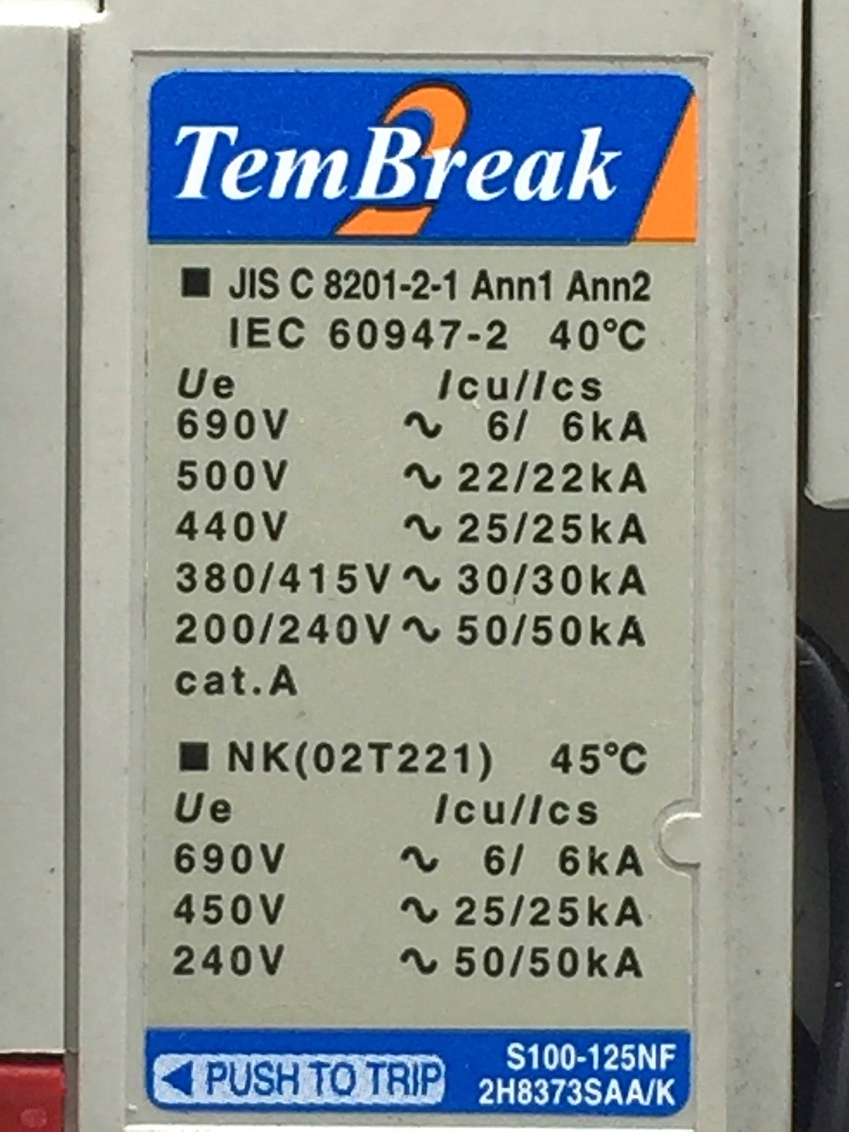 TERASAKI TemBreak S100-NF Circuit Breaker 60A FC 4P 30kA at 415V 24V DC Shunt Tr