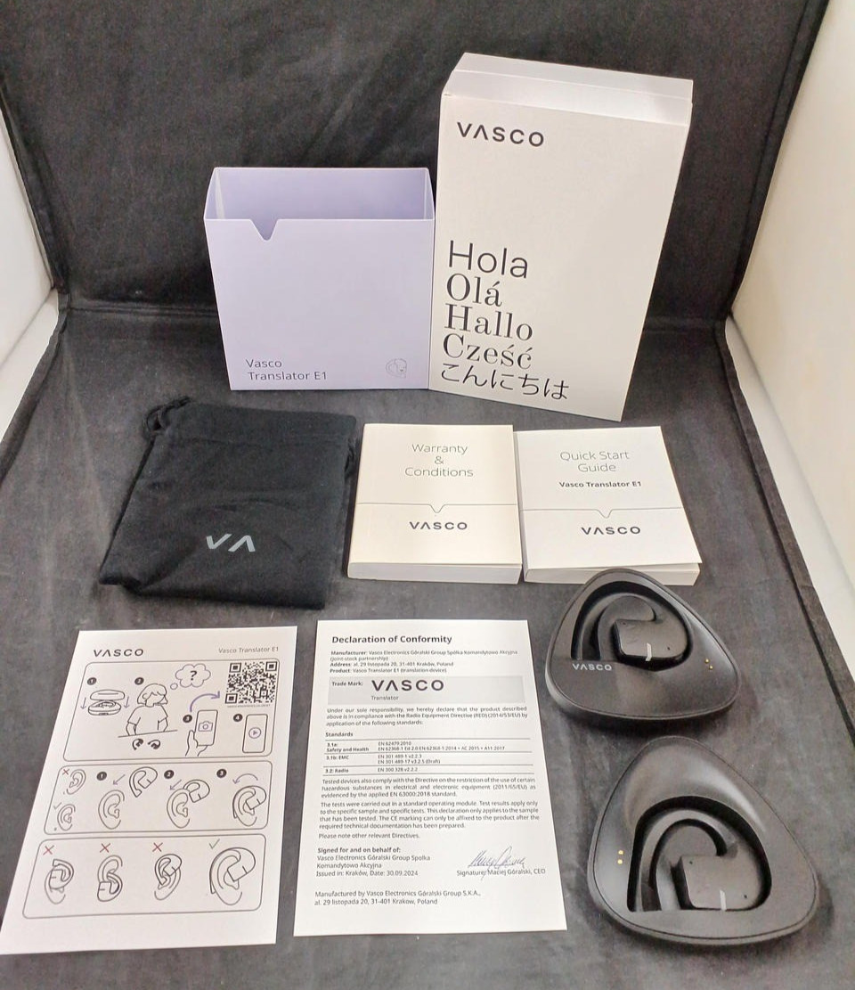 Used Vasco E1 earbuds Translator 50 languages with two earphones right side