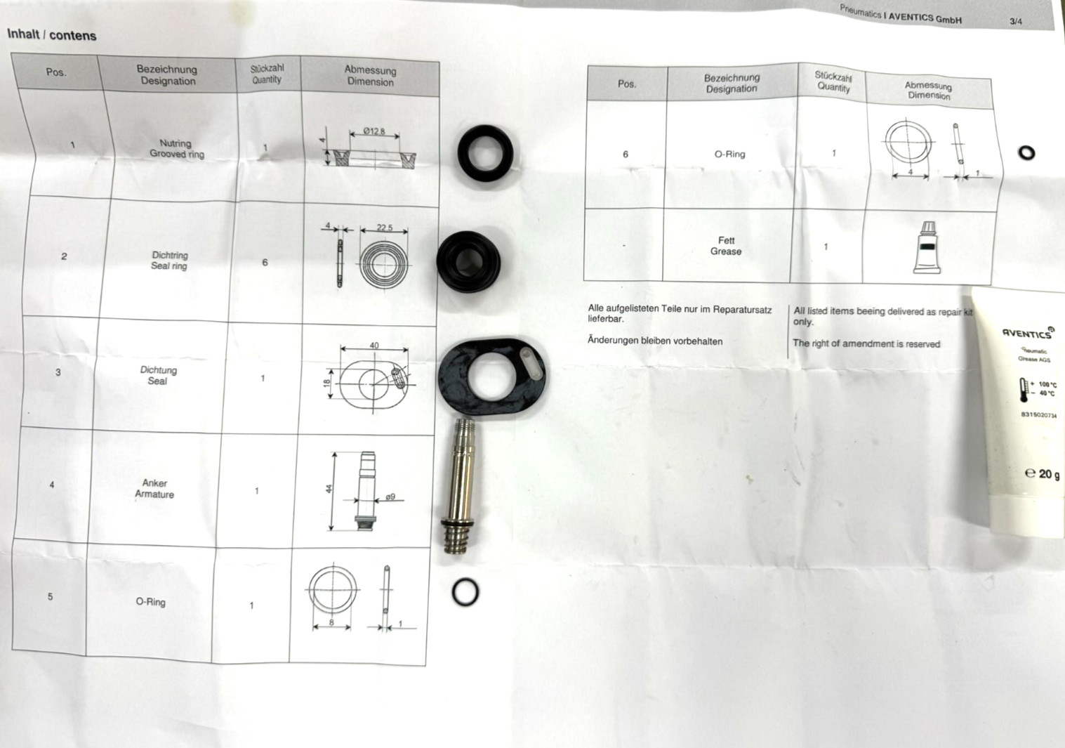 3723520002 Aventics Pneumatic Valve Repair Kit