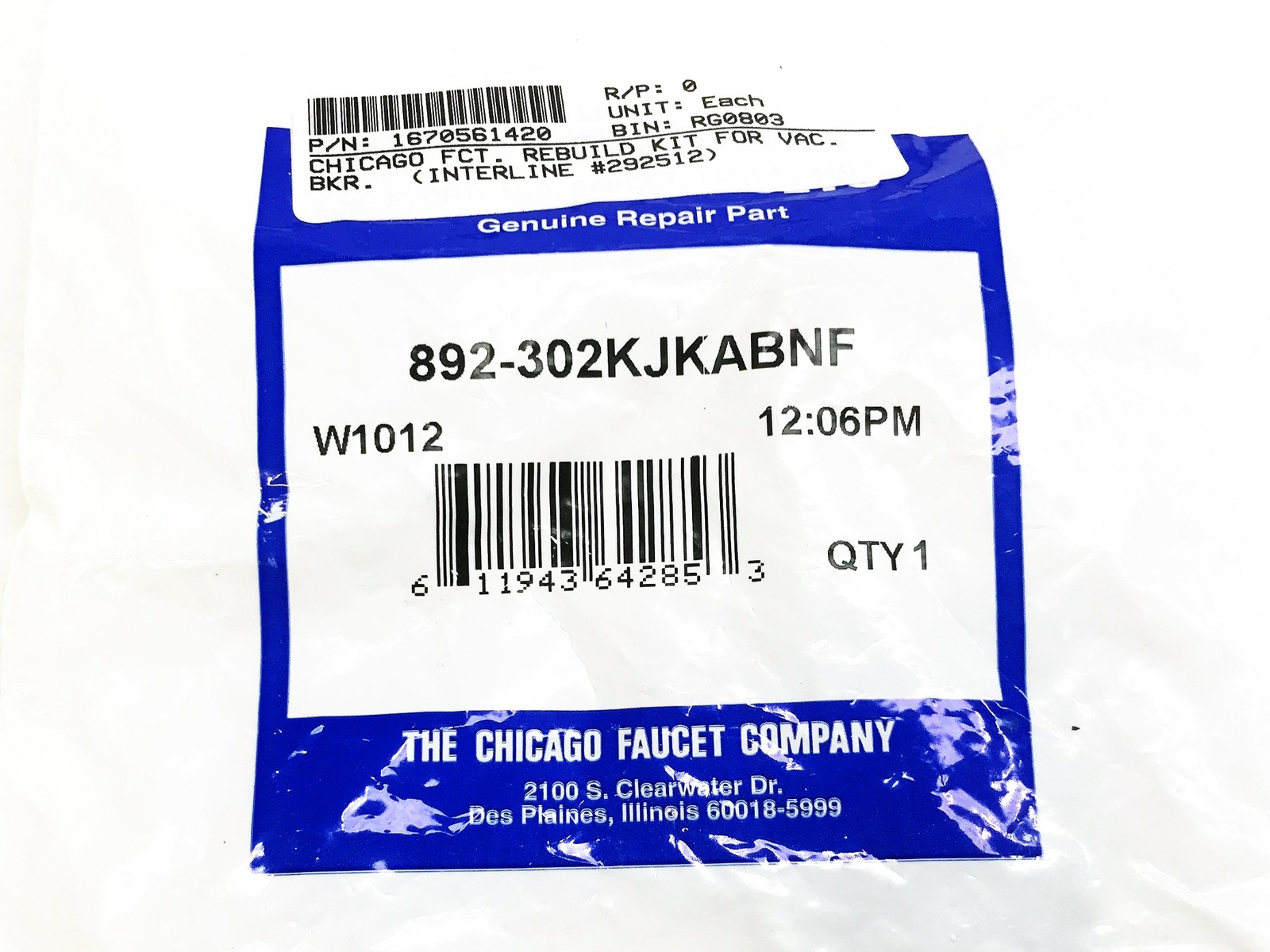 Chicago Faucets Vacuum Breaker Repair Kit 892-302KJKABNF NOS