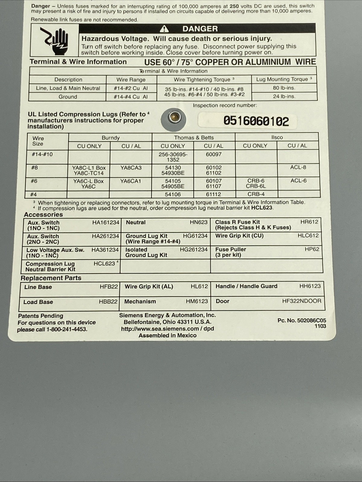 Siemens HF322N 60A 3-Pole Fusible Safety Disconnect Switch 240VAC 250VDC