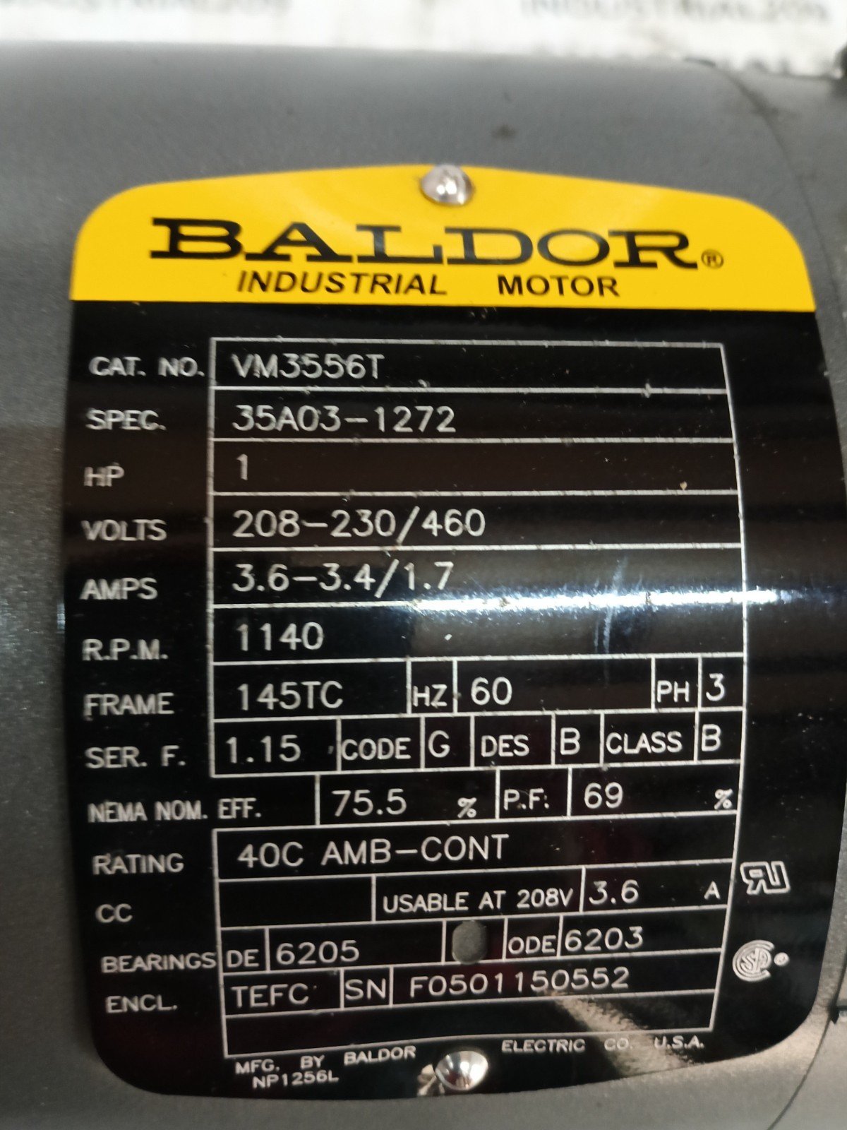 1HP BALDOR VM3556T MOTOR 1140RPM FR:145TC PH3