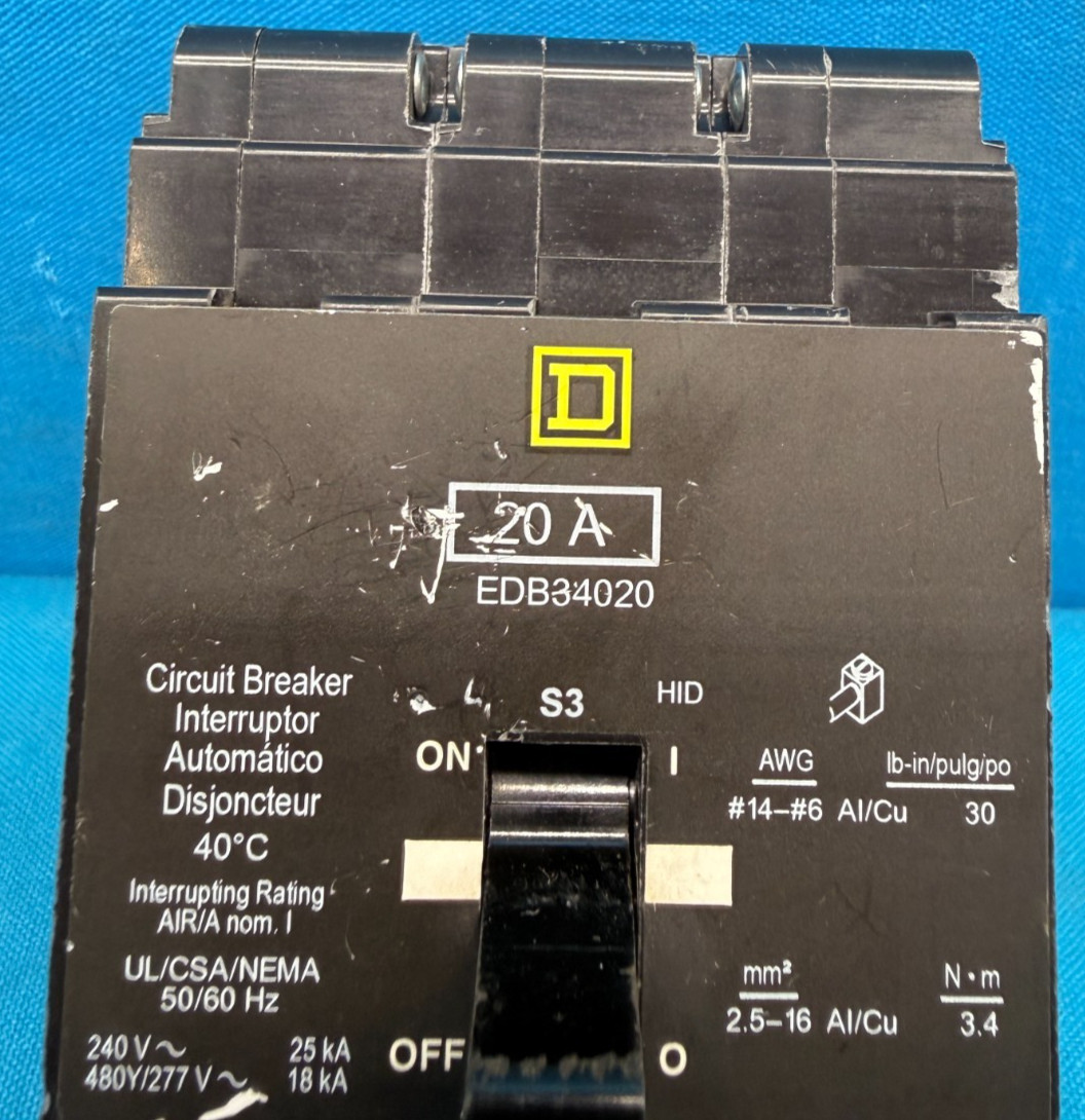 Square D EDB34020 Circuit Breaker 20A 3P 480Y/277V Bolt-On Schneider