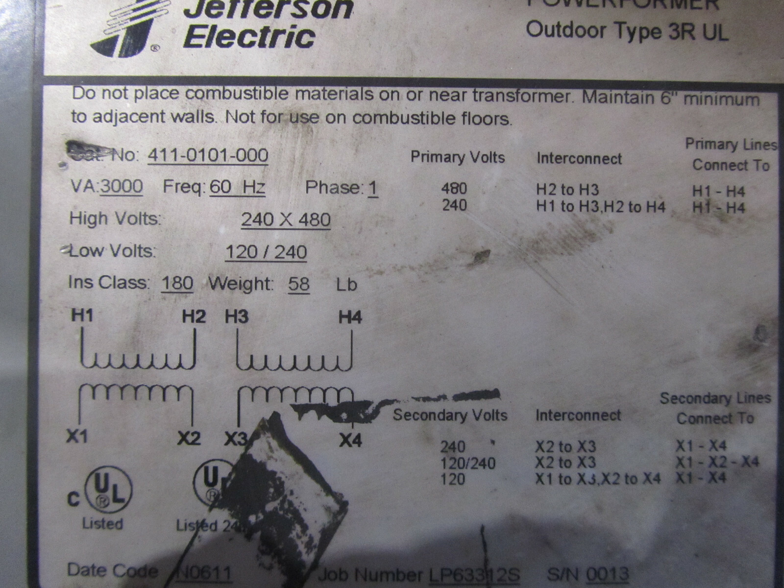 JEFFERSON ELECTRIC 411-0101-000 PHASE 1 POWER TRANSFORMER VA: 3000, 240 X 480V