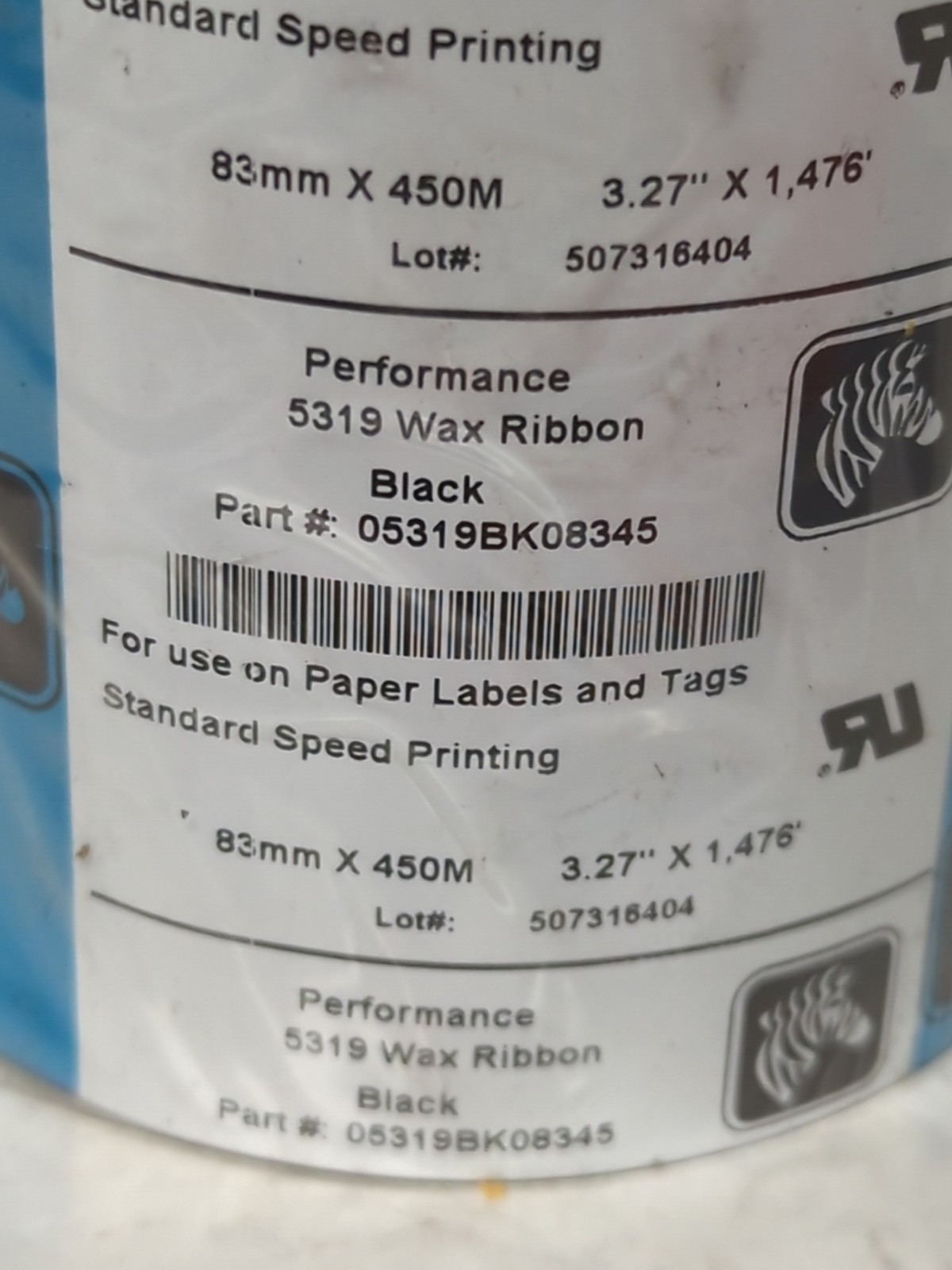 ZEBRA,5319,BLACK WAX RIBBON 3.27″ X 1476′ 83MM X 450M NOS