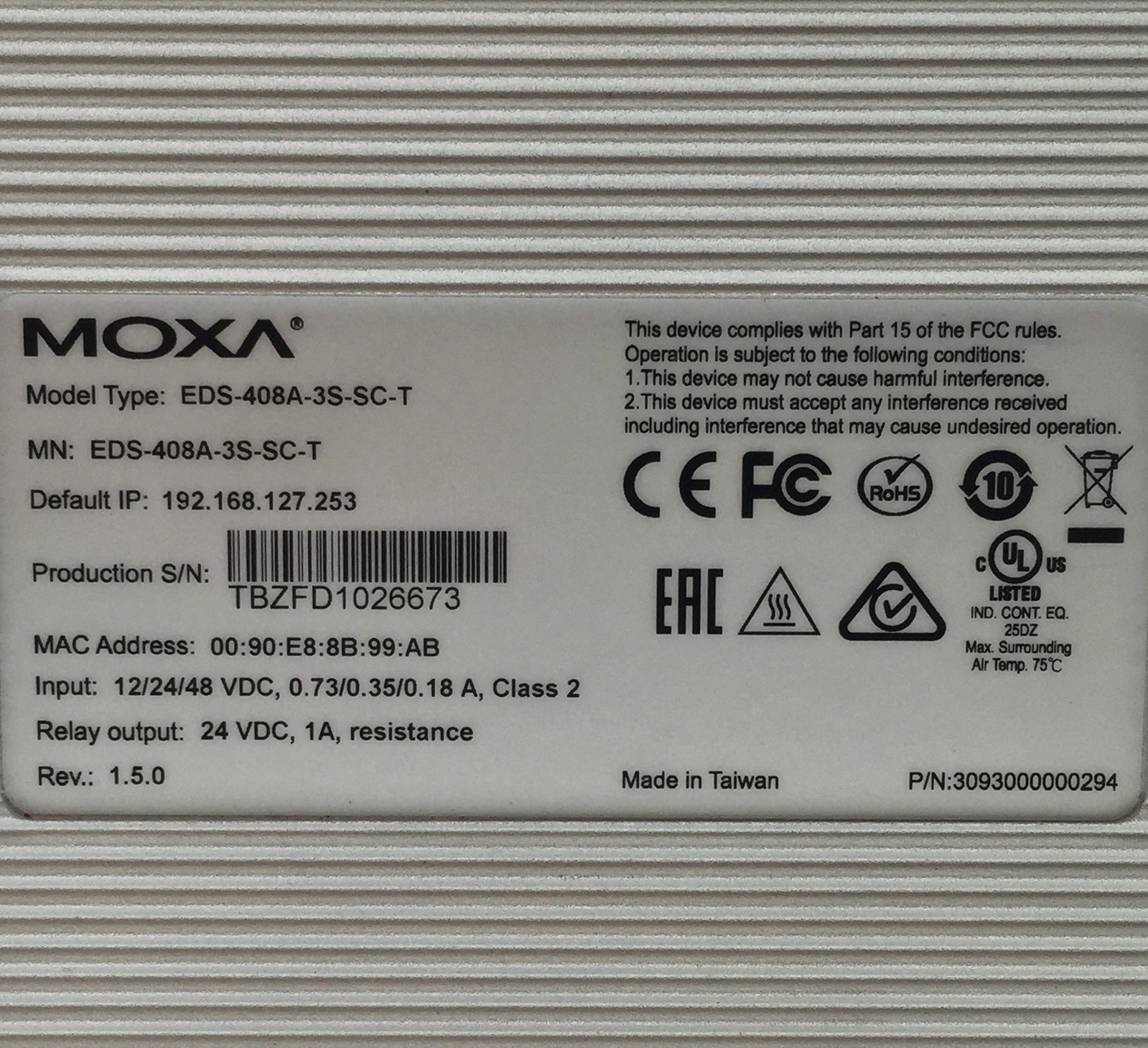 Moxa EDS-408A-3S-SC-T 8 Port Ethernet Switch 10/100BTX Single-Mode SC Fibre Port
