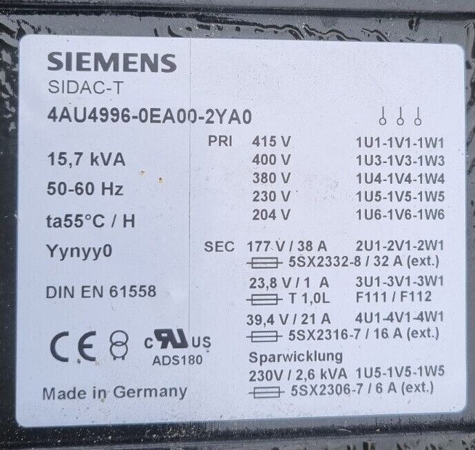 SIEMENS SIDAC-T 4AU4996-0EA00-2YA0 15,7KVA TRANSFORMER (ciscopallet)